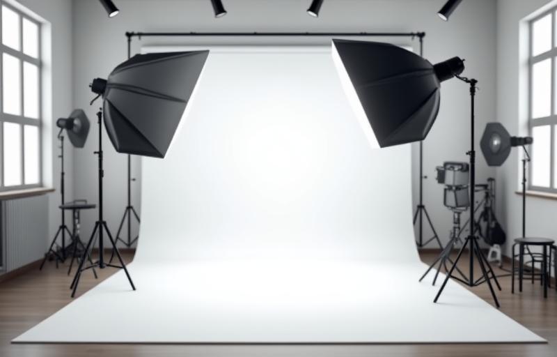 Interior view of the photography studio with lighting equipment setup